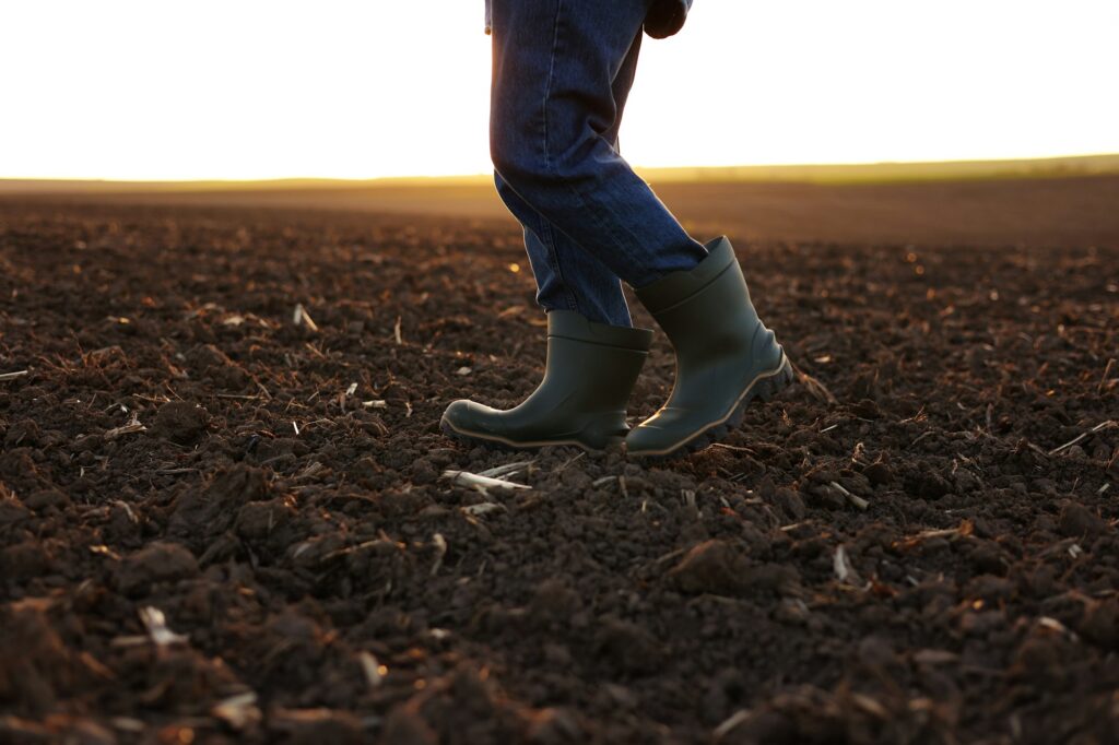 Agriculture. Cropped shot of view businessman farmer in rubber boots walks along plowed field. Agron